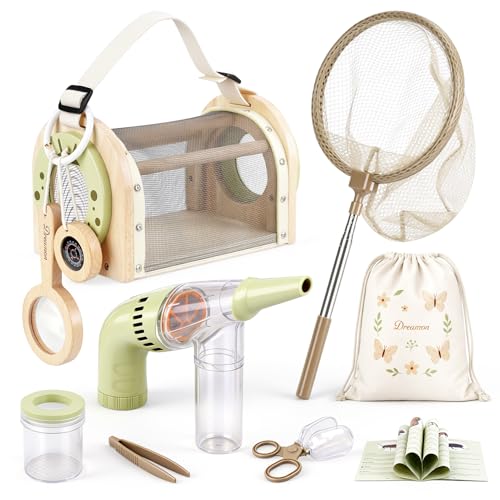 Dreamon Kinder Abenteuer Entdecker Bug Set mit Schmetterlingsfangnetz Insektenbeobachtungskäfig aus Holz Becherlupen Insektenfänger Spielzeug für Draußen ab 3-7 Jahre Geschenk 3-7 Jahre Junge