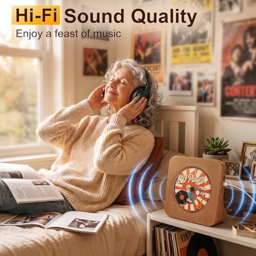 Image of Gueray CD Player Portable Bluetooth Desktop CD Player for Home with Timer Built-in HiFi Speakers with LCD Screen Display Boombox FM Radio USB Type-c (Wood Grain)