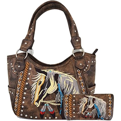 Tooled Leather Laser Cut Concealed Purse Horse Country Western Cowgirl Handbags Shoulder Bags Wallet Set Size: L Cover