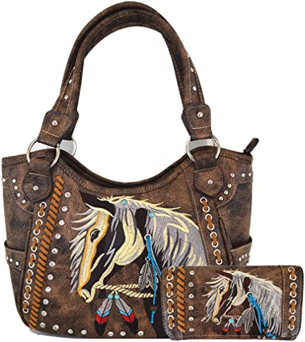 Image of Tooled Leather Laser Cut Western Style Horse Cowgirl Purse Country Totes Women Handbag Everyday Shoulder Bags Wallet Set