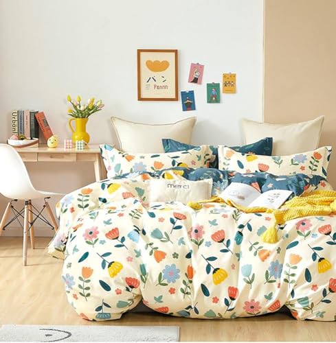 Image of DECOMIZER Glace Cotton King Size AC Comforter - Blanket & Duvet with 1 King Size Elastic Fitted Bedsheet 72 inchX78 inch Inch & 2 Pillow Covers - 4 Piece Comforter Set - Yellow Multi-300 TC