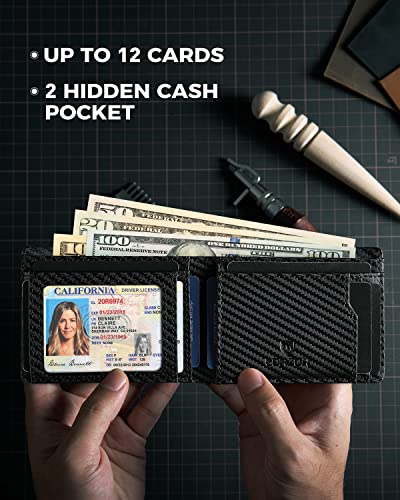 Air Tag Wallet for Men, Genuine Leather Carbon Fiber Mens Wallet with AirTag Holder, RFID Blocking Wallet with ID Window up to 12 Cards Gifts for Men2