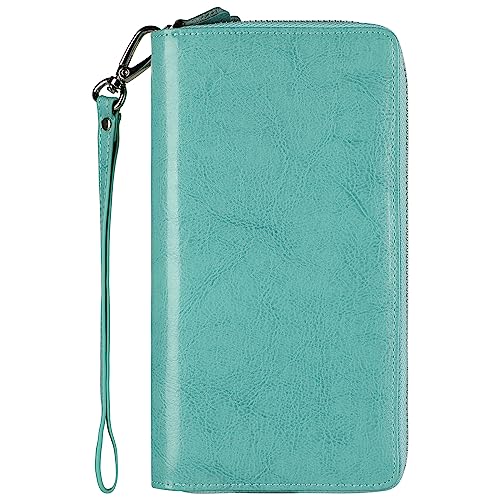 Lavemi Carteira feminina com bloqueio de RFID, 100% couro, grande capacidade, zíper ao redor, suporte de telefone clutch bolsa de viagem bolsa de pulso, Azul Tiffany 2 encerados, One Size