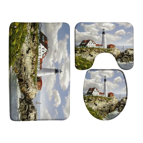 WANVYON 3Pcs Lighthouse Bath Mat Sets Nautical Ocean Wave Coast Cape Tower Rock Town Scenery Bathroom Rugs,U-Shaped and Toilet Seat Cover
