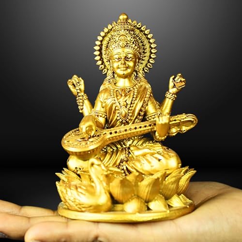 Image of Saraswati Devi Idol 4.5 Inches Material Polystone Statue - Painted Brass, Antique Silver & White Finish Veena Vadini Maa Saraswati Murti Vasant Panchami for Home & Office Decor (Brass)