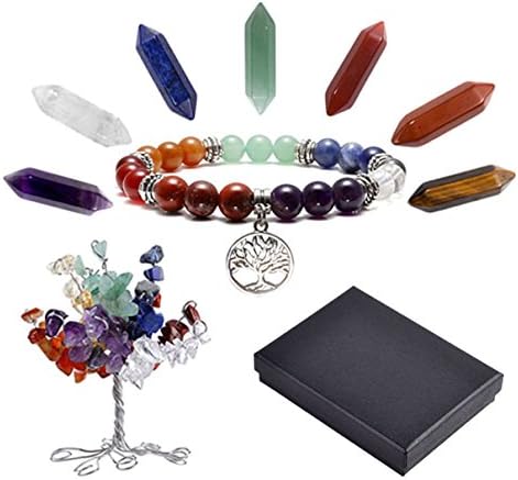 QGEM 7 Chakra Gems Tree of Life Set,Money Tree + 7 Chakra Column Hexagonal Crystals + Chakra Brarcelet Tree Pendant Reiki Healing Feng Shui Spiritual Decor Ornaments