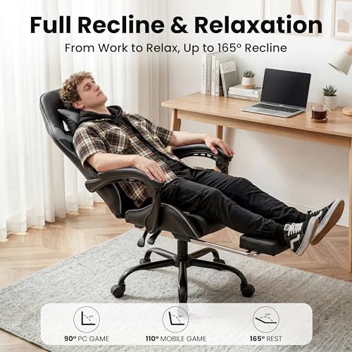 Image of Gaming Chair, Ergonomic Computer Chair with Footrest and Lumbar Support, Height Adjustable Office Chair with 360 Swivel Seat and Headrest (Black & Grey)