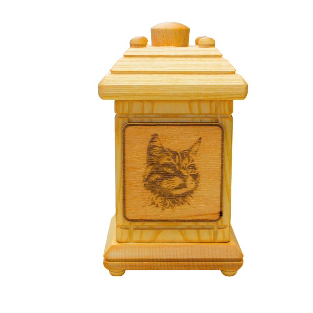 Würdevolle schlichte Tierurne, Urne für Katzen, Andenkurne Katze, Katzenandenken, Aschebox für Katzen, Andenkbox, Holzurne groß, Urne mit Katzenmotiv aus massivem Buchenholz, L/B/H 12 x 12 x 20 cm.