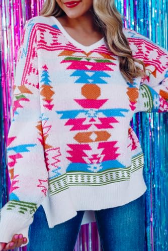 Women's Oversize Aztec Print High Low V Neck Sweater in White2