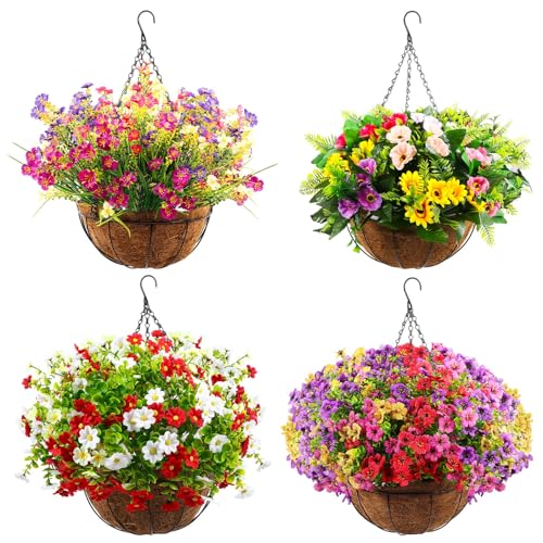 LyrowW 4 Pack Artificial Hanging Flowers with Basket Outdoors Fake Flowers with 12 Inch Coconut Lining Basket Realistic Artificial Hanging Plants for Outdoors Indoors Patio Lawn Garden Porch Decor