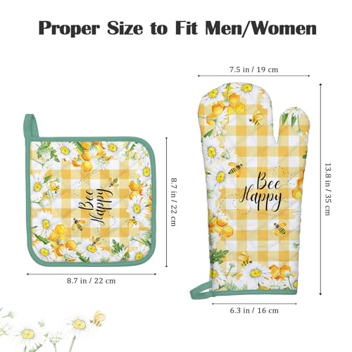 Bee Daisy Oven Mitts and Pot Holders -100% Cotton, Heat Resistant Extra Long Oven Gloves & Hot Pads for Cooking BBQ Grilling Baking Gift, Set of 4 - Image 5