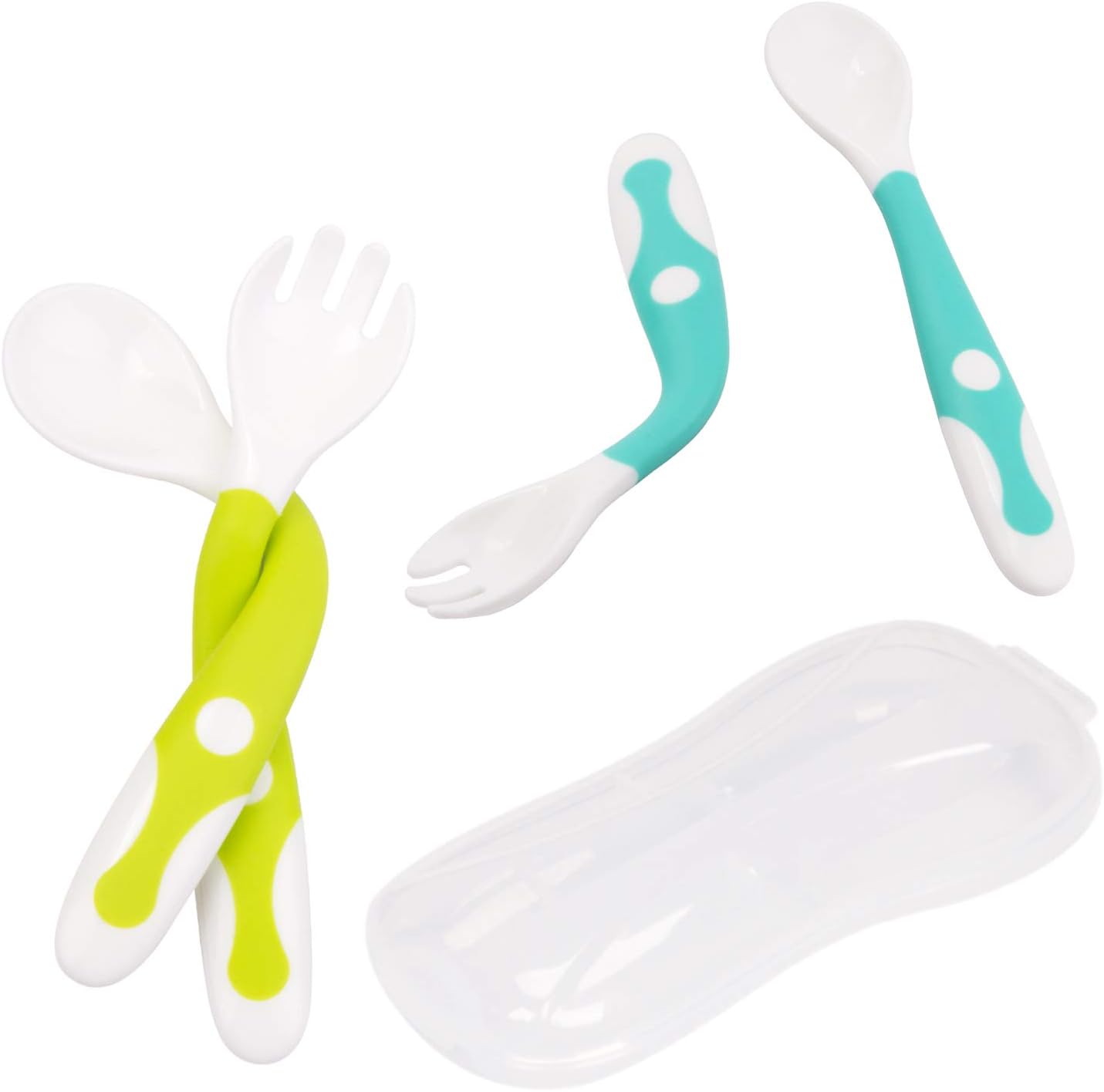 Baby Utensils Spoons Forks Set with Travel Safe Case, Cutlery Set of 4,Toddlers Feeding Training Spoon with Easy Grip and Bendable Function, Perfect Self Feeding Learning Spoons