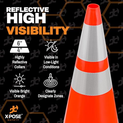 Image of Xpose Safety 28 Inch Orange Traffic Cones with 6 inch & 4 inch Collars, 48-Pack