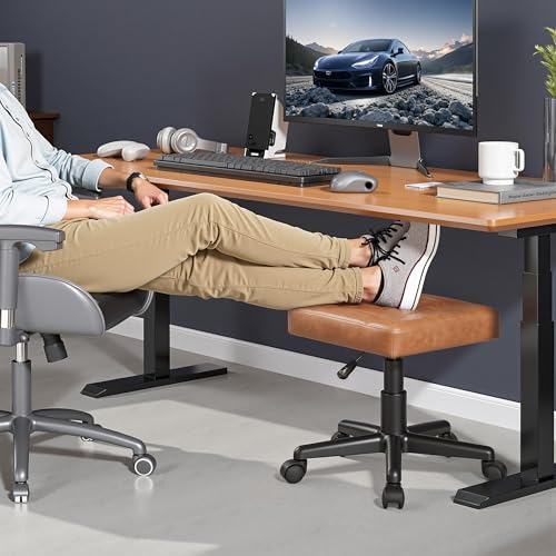 Image of VECELO Under Desk Footrest, PU Ergonomic Foot Rest with Wheels, Comfort Padding, Height Adjustable for Relieving Leg Pain, Stiffness, and etc, Brown