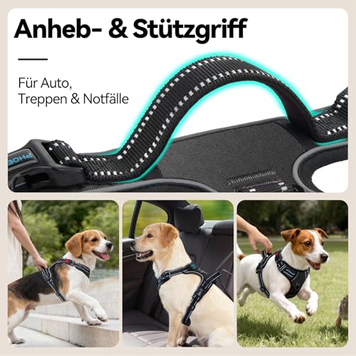 PHOEPET No Pull Hundegeschirr Verstellbares Hundewestengeschirr für den täglichen Spaziergang mit Schnalle am Hals und reflektierenden Streifen, Kontrollgriff für mittlere und große Hunde(Schwarz,M)