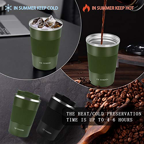 CS COSDDI Thermische reisbeker, geïsoleerde koffiebeker met lekvrij deksel, herbruikbare koffiebeker voor onderweg, voor in de auto, roestvrijstalen thermische beker voor warme en koude dranken, koffie, water en thee, 380 ml (groen-A) - Image 3