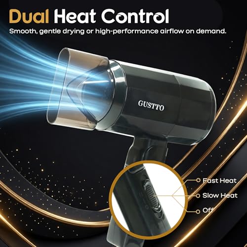 Image of GUSTTO Foldable Hair Dryer, 1100W, 2 Heat and Speed Settings, Compact Travel Size with Hanging Ring (Hexagonal Black), BIS Certified