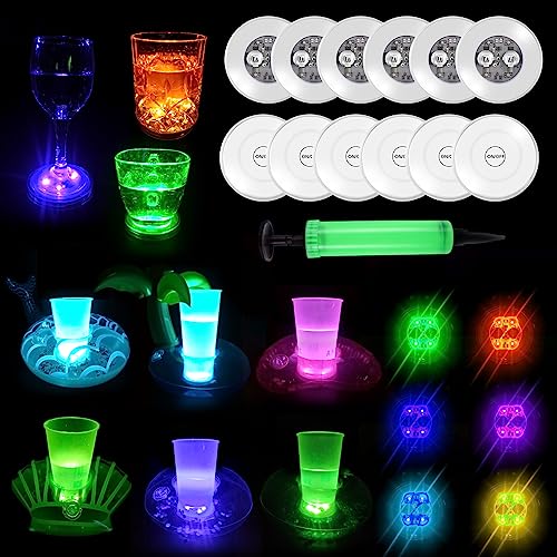 6 Pack Inflatable Drink Holders with 6 Pack RGB LED Bottle Lights, Drink Floats Inflatable Light Up Cup Coasters for Pool Party.