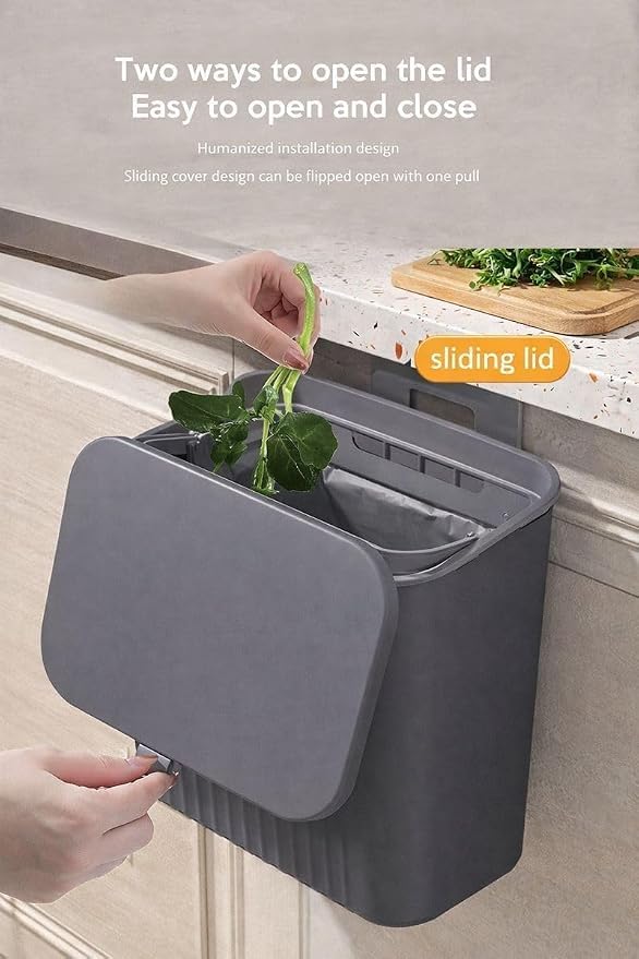 Image of SR Plastic Hanging Kitchen Trash Can with Lid- Cabinet Door Hanging Garbage Bin, Double-Sided Open Flip Lid, Wall Mounted Kitchen Waste Bin, Under Sink Storage Trash Bucket (7L) (Grey)
