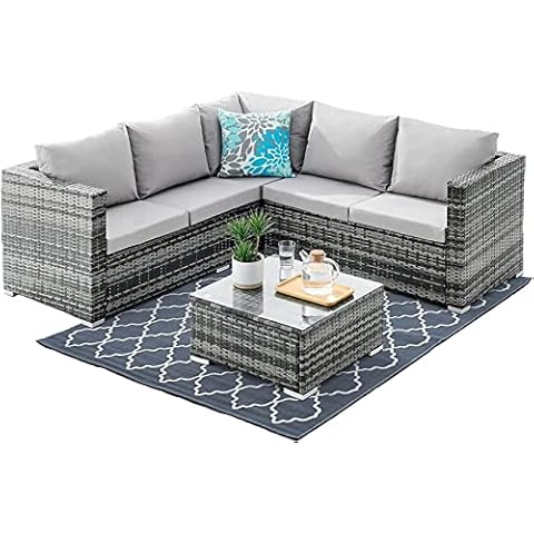 Esterno Living Monaco Grey 5 Seater Rattan Garden Furniture Sofa Set Modular with Light Grey Cushions & Coffee Table Compact Wicker Weatherproof Garden Set Seat. FREE RAIN COVER Cover