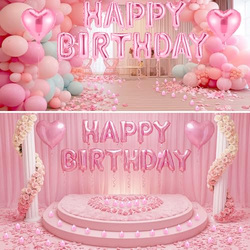 Image of Pink Happy Birthday Balloons Decorations Happy Birthday Letter Balloons Banner Set with 24pcs Round Flameless LED Candles and 2000pcs Artificial Rose Petals for Women Men Room Party Decor