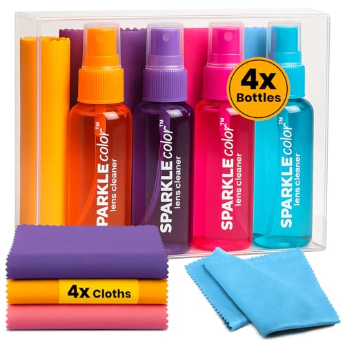 OPTIPAK Sparkle Color Lens Cleaner Spray Kit with Vinyl Flip-Top Pouch – (4) 1oz Glasses Cleaner Spray + (4) Microfiber Cloth for Eyeglasses,Sunglasses,Screens and Camera Cleaning Kit(Assorted Colors)