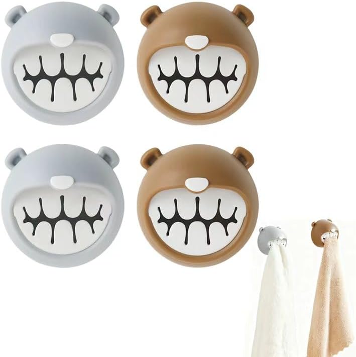 4 Pack Cute Bear Towel Hooks - Adhesive Kitchen & Bathroom Towel Holder, No Nail Wall Mount for Dish Towels, Hand Towels, or Washcloths, Perfect for Cabinet, Fridge Side, or Countertop Storage