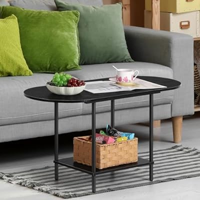 ETELI Black Coffee Tables for Living Room 2-Tier Small Oval Coffee Table Wood Accent Coffe Tables with Storage Shelf Modern Mesa De Centro Sala for Small Space, Home Office