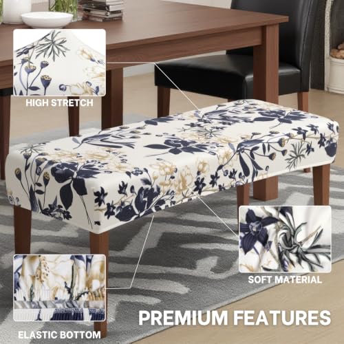 Image of SearchI Dining Bench Cover, Stretch Washable Long Bench Seat Covers, Rectangle Dining Table Bench Slipover for Dining Room, Living Room, Kitchen(Blue Flower)