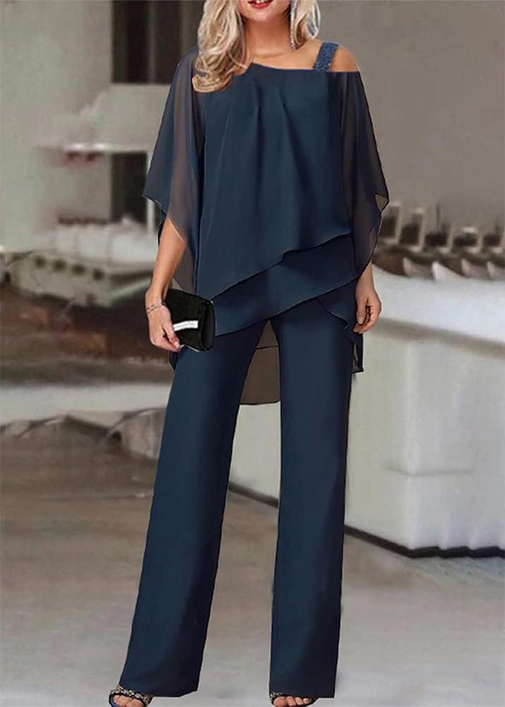 Generisch Ensemble 2 pièces élégant et vintage pour femme - Avec tulle - Ensemble de soirée 2 pièces - T-shirt en mousseline et taille haute - Pour cocktail - Pantalon festif - Élégant - 2 pièces
