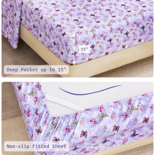 Image of lasoftan Floral Queen Comforter Set with Sheets, 7 piece Luxury Vintage Bedding, Soft Microfiber Bed in a Bag, Cozy Lightweight Bed Set, Lavender Butterfly
