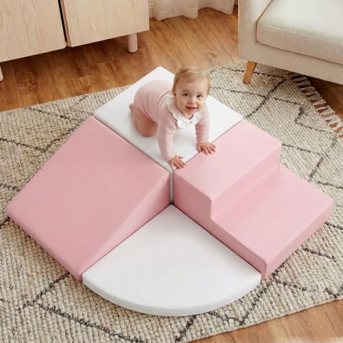 Image of little dove 4-Piece Set Climbing Toys for Toddlers 1-3, Baby Foam Climbing Blocks for Toddlers, Soft Play Toddler Climbing Toys Indoor for Crawling Climbing and Sliding, Foam Play Gym, Pink & White
