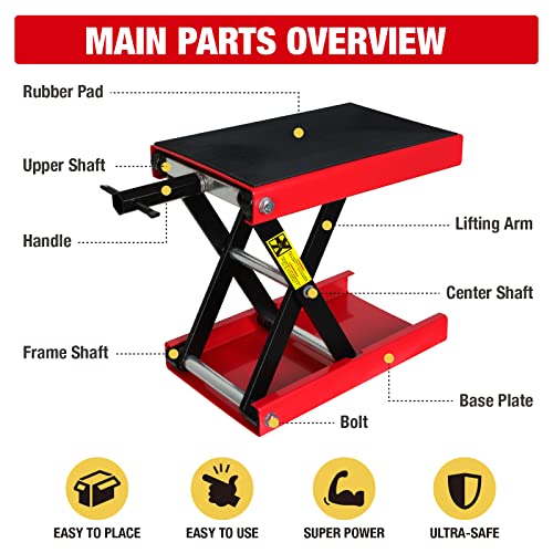 Image of Big RED ATRM01101R Torin Portable Steel Motorcycle Lift Scissor Jack: Wide Deck Hoist Stand for ATV, UTV Snowmobile Maintenance, Capacity 1100lb, 1100LBS