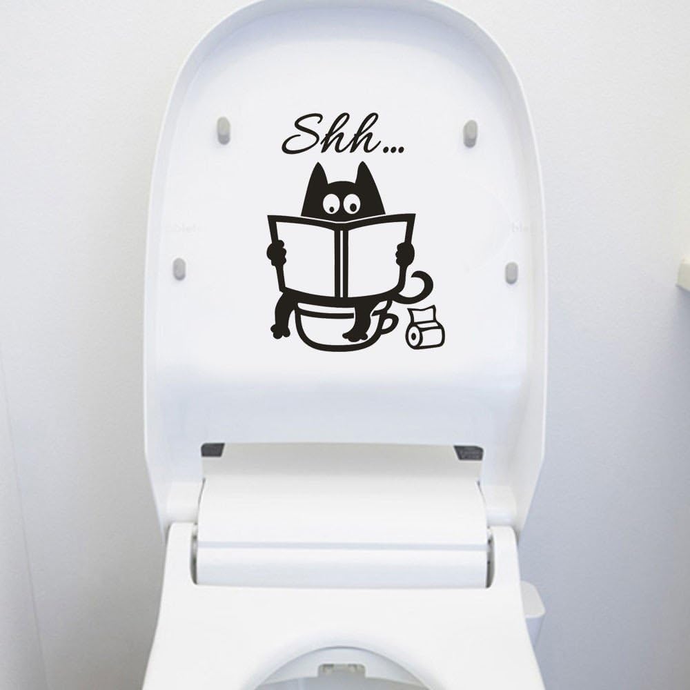 Squarezhenbo Black 1Pc Cute Cat Shh Toilet Removable Vinyl Wall Sticker Portable And Useful, Wall Stickers And Murals