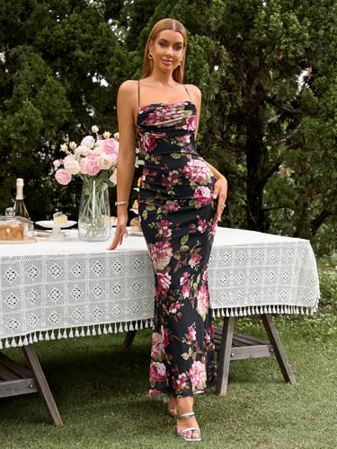 Women's Summer Floral Maxi Dress Square Neck Mesh Ruched Bodycon Formal Wedding Guest Long Dresses3