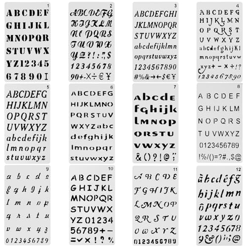 12 Stück Buchstaben Schablone, Wiederverwendbare Zahlen Schablonen,Vintage Alphabet-Zahlenschablonen,Kunststoff Buchstaben Schablone für DIY Scrapbook Malerei Holz Wand Papier(17.8 * 10.2cm)