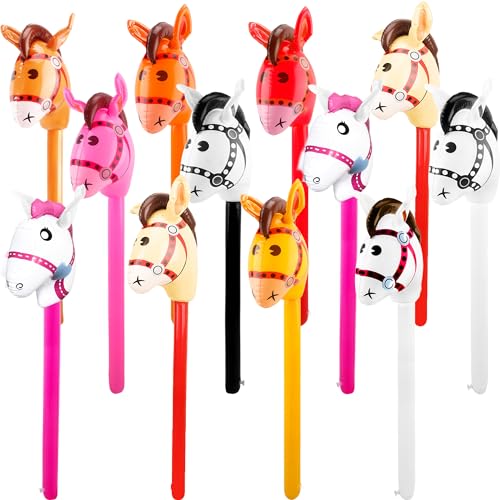 Haconba 12 Pcs 40 Inch Inflatable Horsehead Stick Multicolor Blow Up Pony Stick Balloon for Kids Birthday Horse Themed Party Supplies (Color Set 2)