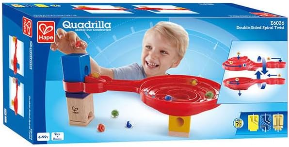 Hape Double Sided Spiral Twist Toy integrated into a marble run, showing marbles on the track