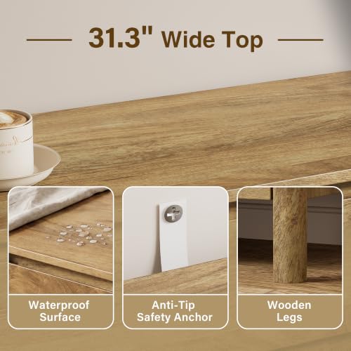 Image of Furniway Nightstands Set of 2, 31.5 inch Wide 3 Drawer Nightstand with Wood Legs, Mid-Century Modern Bedside Table with Storage, Wooden End Table for Bedroom, Natural Oak