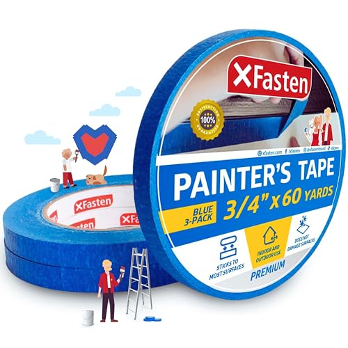 XFasten Professional Blue Painters Tape, Multi-Use, 3/4 Inches x 60 Yards (3-Pack) - Produces Sharp Lines and Residue-Free Artisan Grade Clean Release Wall Trim Tape
