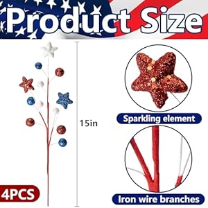4 pcs patriotic glitter ball centerpiece stems 15 independence day artificial berry stem star picks 4th of july red white blue pentagram faux berry branch sticks for memorial day home decoration  urban country home decor