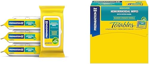 Preparation H Toallitas desechables para hemorroides con hamamelis para aliviar la irritación de la piel, 48 unidades (paquete de 4) y Totables