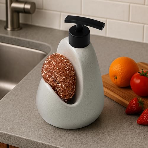 Image of Plantex Ceramic Soap Dispenser with Scruber /Sink Dish Washing Liquid Soap Dispenser for Wash Basin - Bathroom Accessories - (Beige and Black)