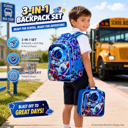 Image of HPJGD 3PCS Space Backpack for Boys, Water Resistant Kids Bookbag Set with Lunch Box, Cool School Bag for Preschool Toddler - Astronaut Riding Rocket