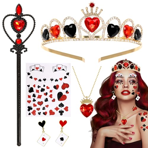 5 Pcs Red Gem Women Halloween Queen Costume Accessories, Queen Crown Red Necklace Poker Earrings Scepter Glitter Stickers, Halloween Party Cosplay Set