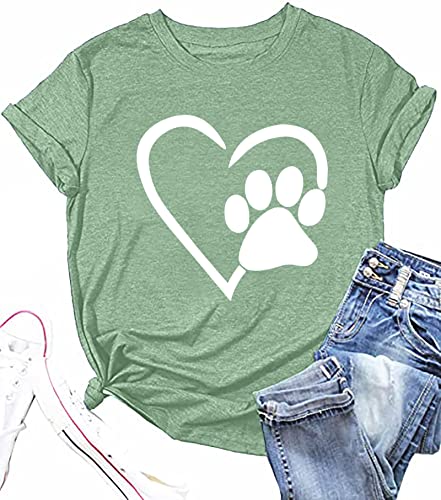 Paw Love Shirt Dog Lover Shirts for Women Paw Print Heart Tee Shirt Cute Dog Mom Short Sleeve Tee Tops Light Green