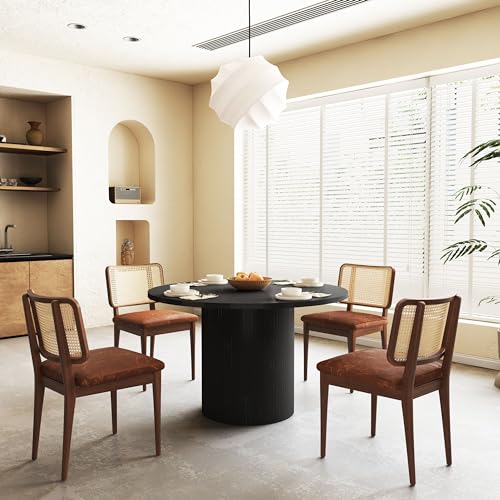Image of 47 Inch Round Dining Table, Farmhouse Fluted Dining Kitchen Table, Modern Wood Small Circle Dining Table for Kitchen Living Room, Black