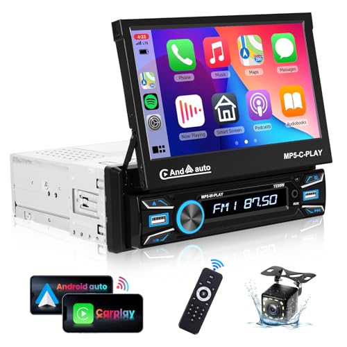 VECHTEL 1 Din Autoradio mit Drahtlos Carplay Android Auto, 7-Zoll Autoradio mit Ausfahrbarem Display Touchscreen Bluetooth, FM RDS Radio, Mirror Link, 2 USB, SWC, Mikrofon, Rückfahrkamera