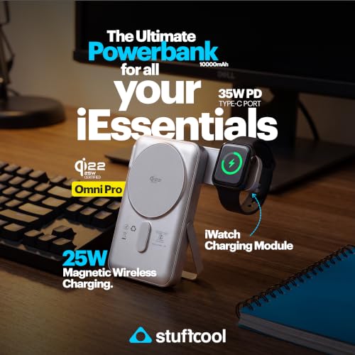 Image of Stuffcool Omni Pro Qi2.2 Certified 25W MagSafe Powerbank 10000mAh with Apple Watch Charger, 35W PD Fast Charging, Digital Display, Built-in Stand, Compatible with iPhone 17 /16 /15 /14 /13 & AirPods