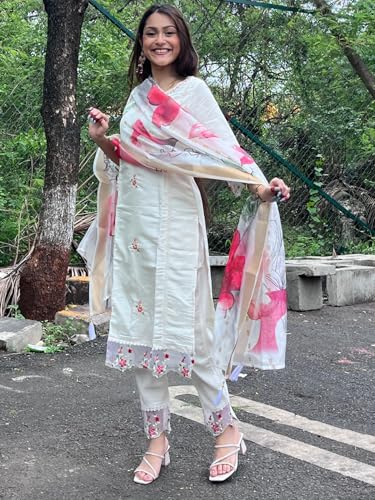 Image of VredeVogel Kurta Set with Dupatta | Viscose Roman Silk Embroidered Kurta Set for Women | Women's Ethnic Casual Kurti Set |Kurta Pant Festive Suit